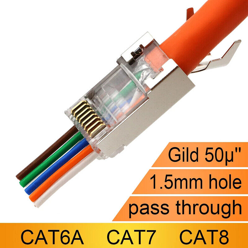 RJ45 Cat7 Cat6A Easy Pass Through Connectors 8P8C 50U Gold Plated Shielded Plug