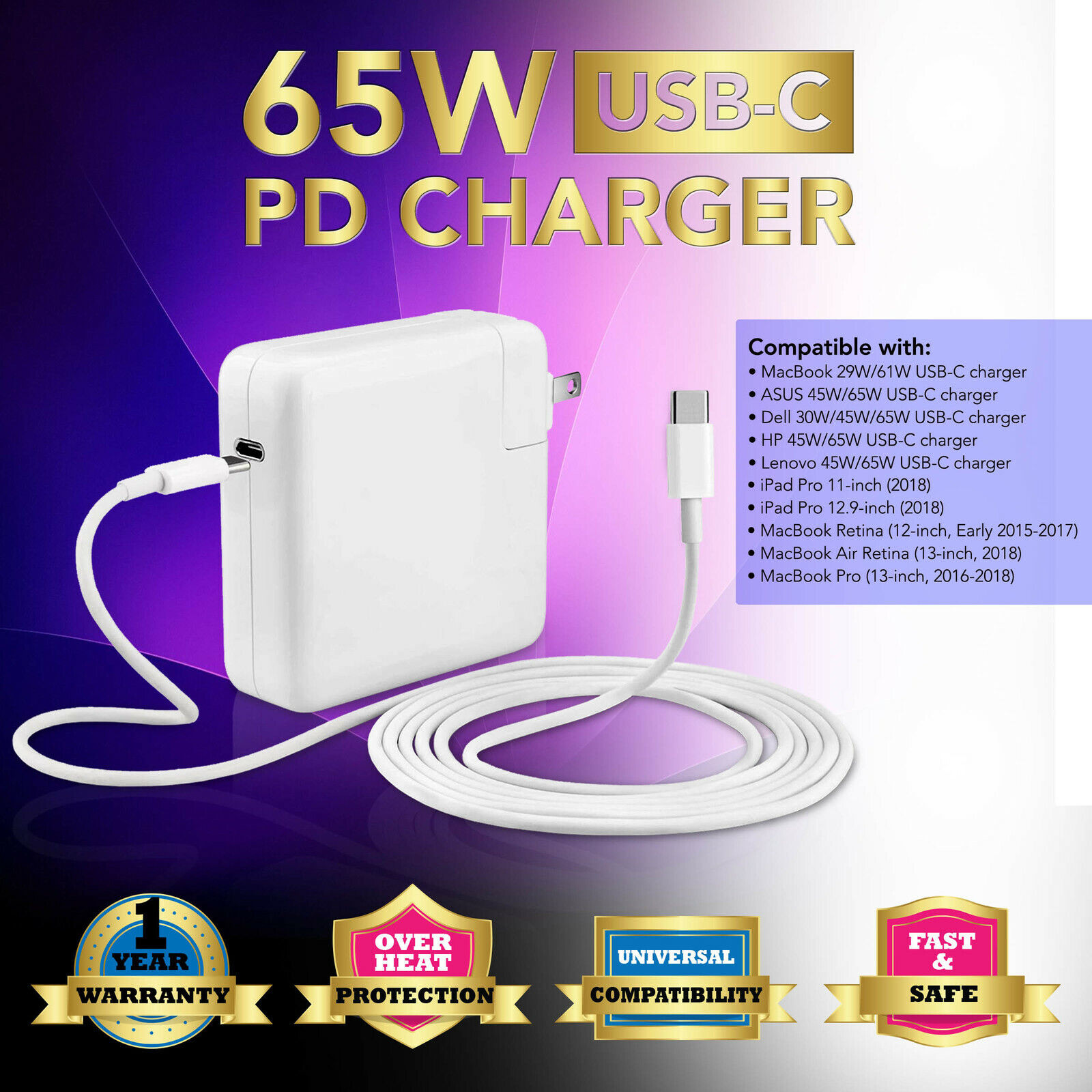 29W-65W Type C USB-C Power Charger For Apple MacBook Retina 12