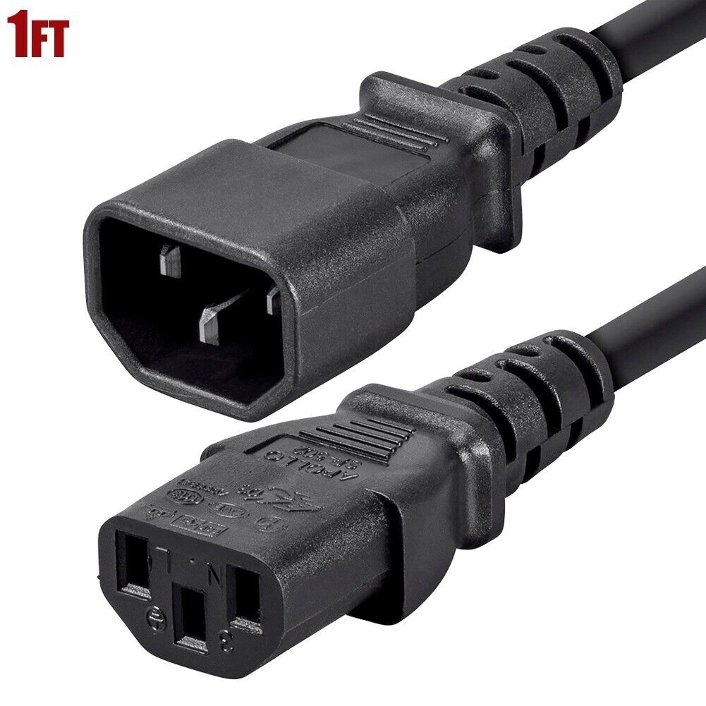 1FT 18 AWG 3-Prong Power Cable Extension Cord IEC 320 C14 Male to C13 Female 13A