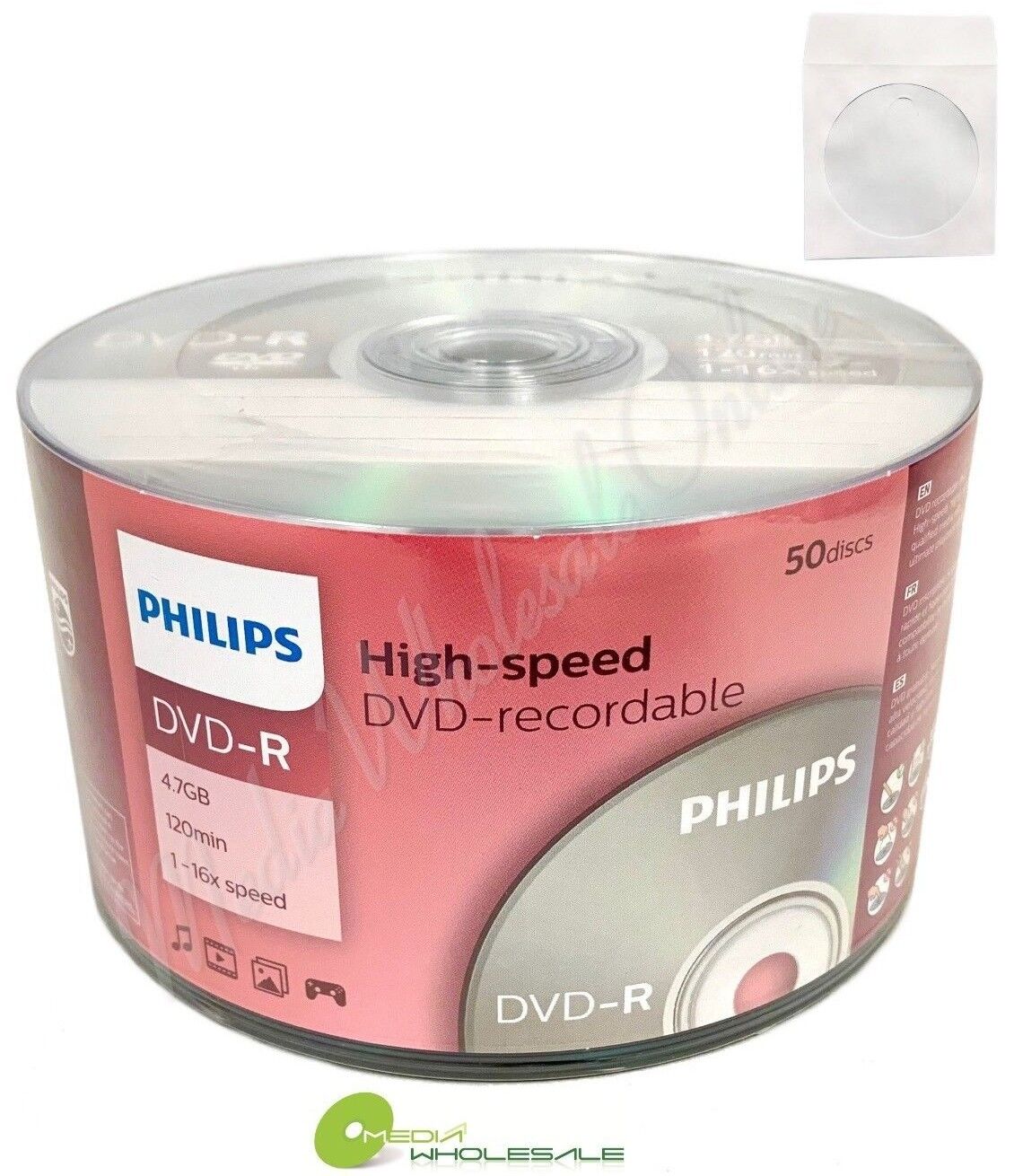 100 PHILIPS DVD-R Logo 16X 4.7GB Media Disc+100 Premium White Paper Sleeves