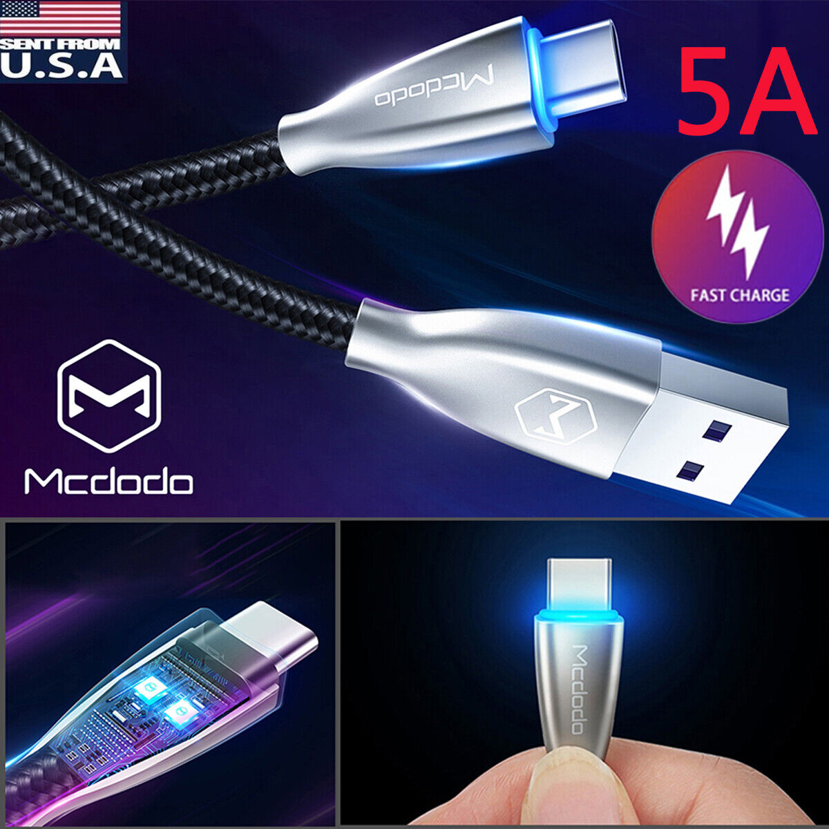 Mcdodo USB A To USB C 5A Fast Charging Quick Charger Data Cable Nylon Cord  LED