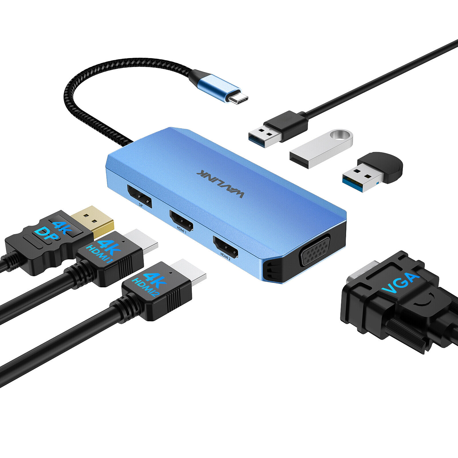 WAVLINK USB C Docking Station Quad Monitor for HP/Dell/Lenovo/Mac/Surface Blue