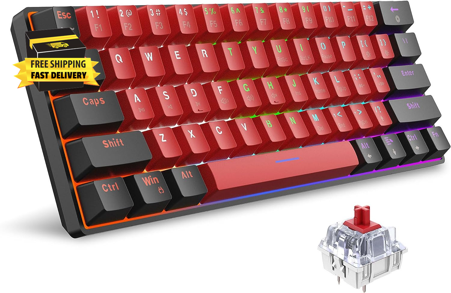 60% Wired Mechanical Keyboard, Mini Gaming Keyboard with 61 Red Switches Keys fo
