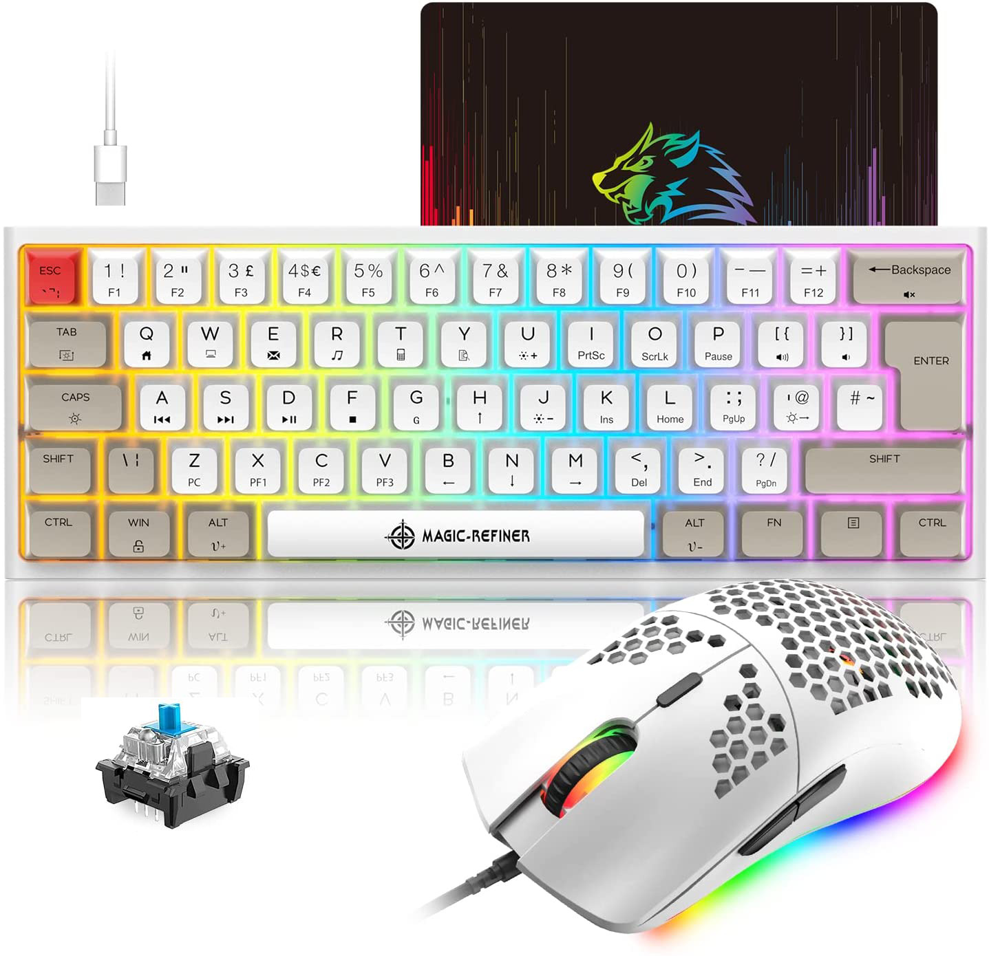 60% Type-C Mechanical Gaming Keyboard Mouse set Sublimation PBT Keycaps RGB LED