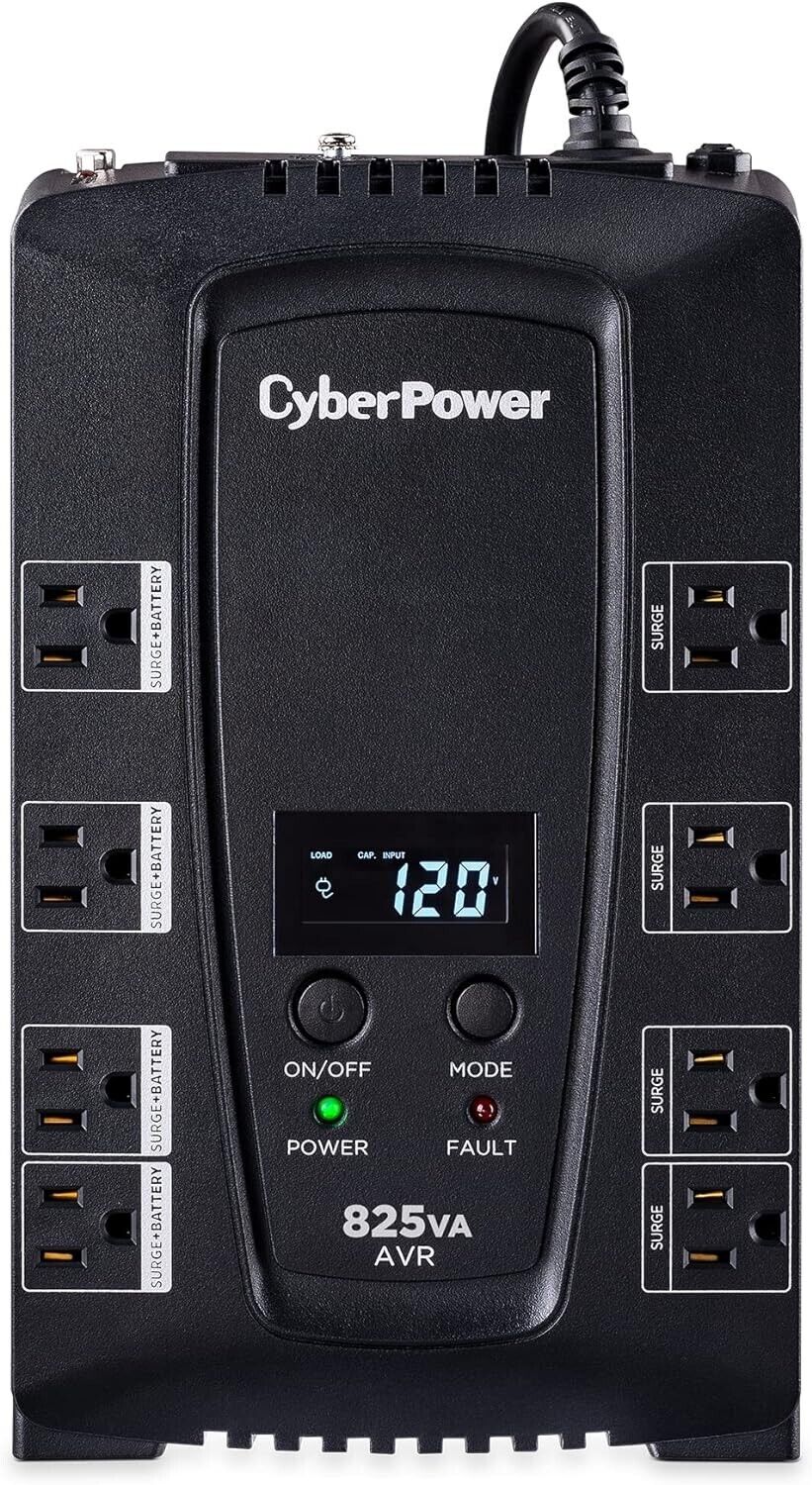 Cyberpower CP825AVRLCD Intelligent LCD UPS System, 825VA/450W, 8 Outlets, AVR