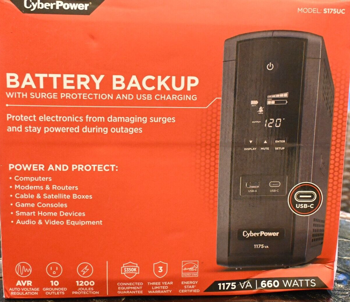 New CyberPower UPS S175UC 1175VA Battery Backup with Surge Protection