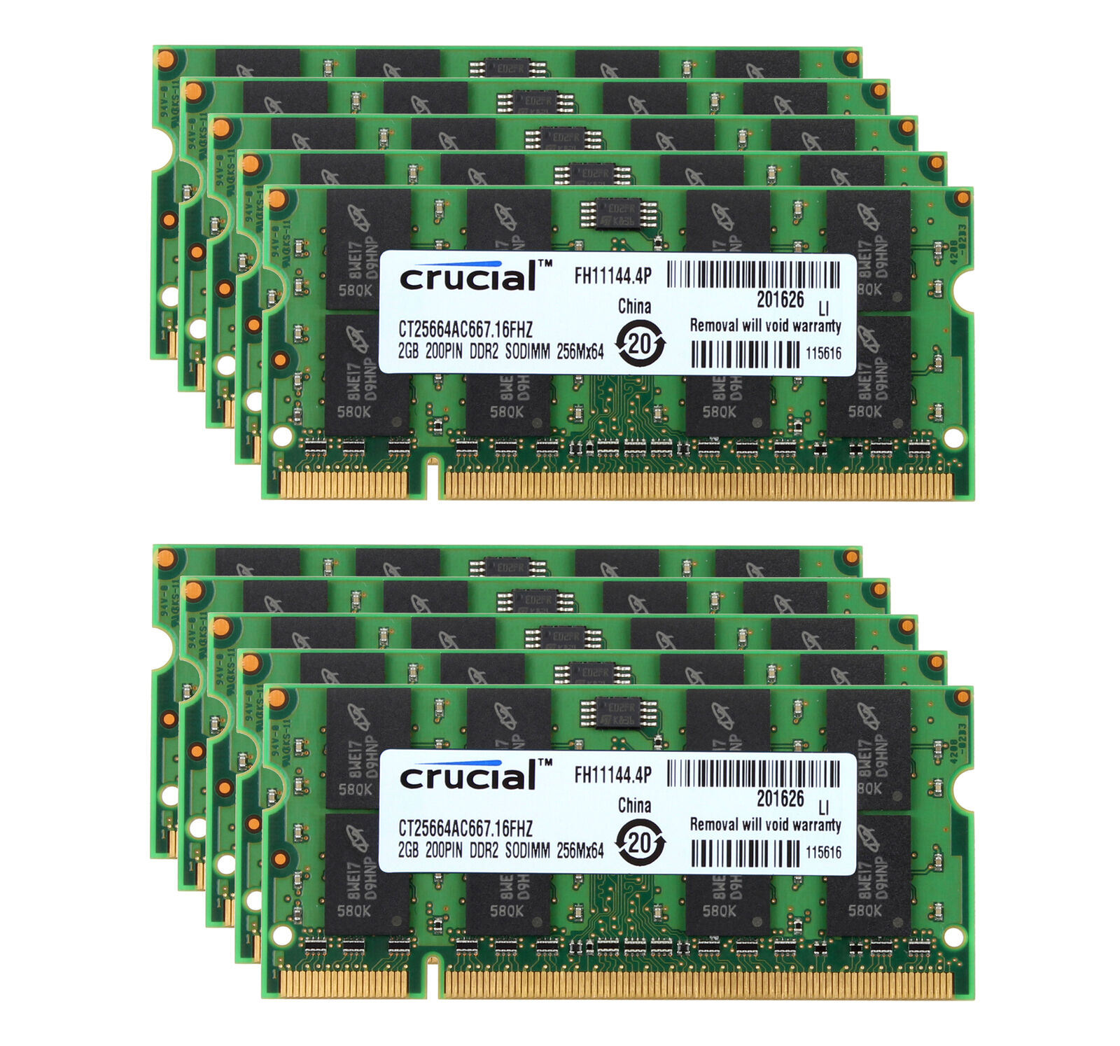 LOT Crucial 10x 2GB 2RX8 PC2-5300S DDR2 667Mhz SODIMM 200Pin RAM Laptop Memory #