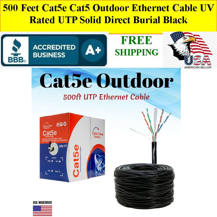 500ft Cat5e Cat5 Outdoor Ethernet Cable UV Rated UTP Solid Direct Burial