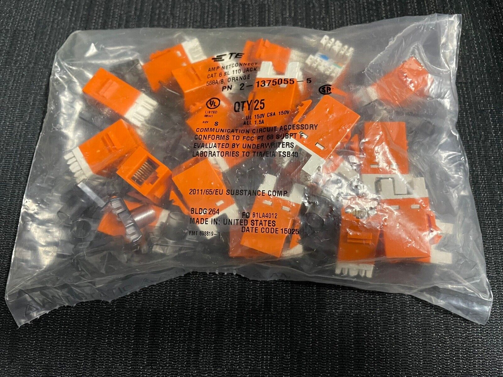 AMP TE Commscope # 2-1375055-5 RJ45 CAT 6 SL 110 Jack (Bag Of 25), Orange USL600