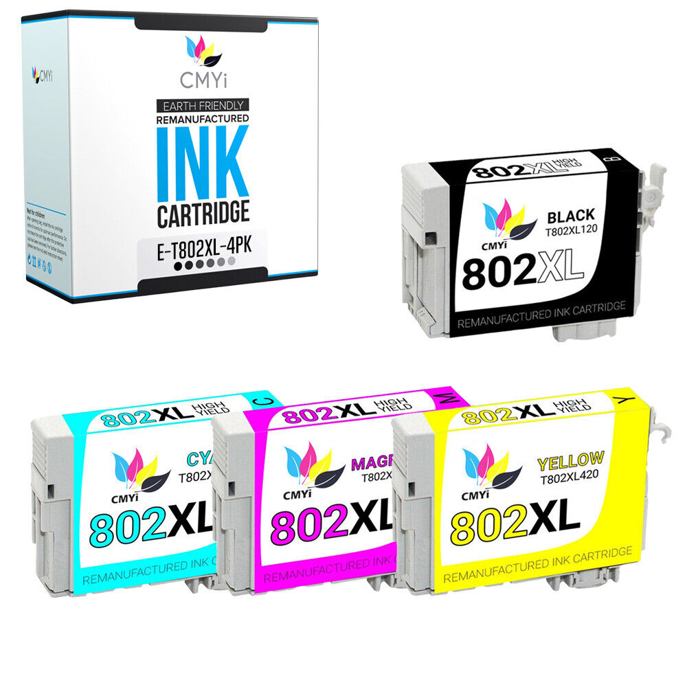 4PK Black Color T802XL Ink Cartridges Replacement for Epson 802XL 802 XL Combo