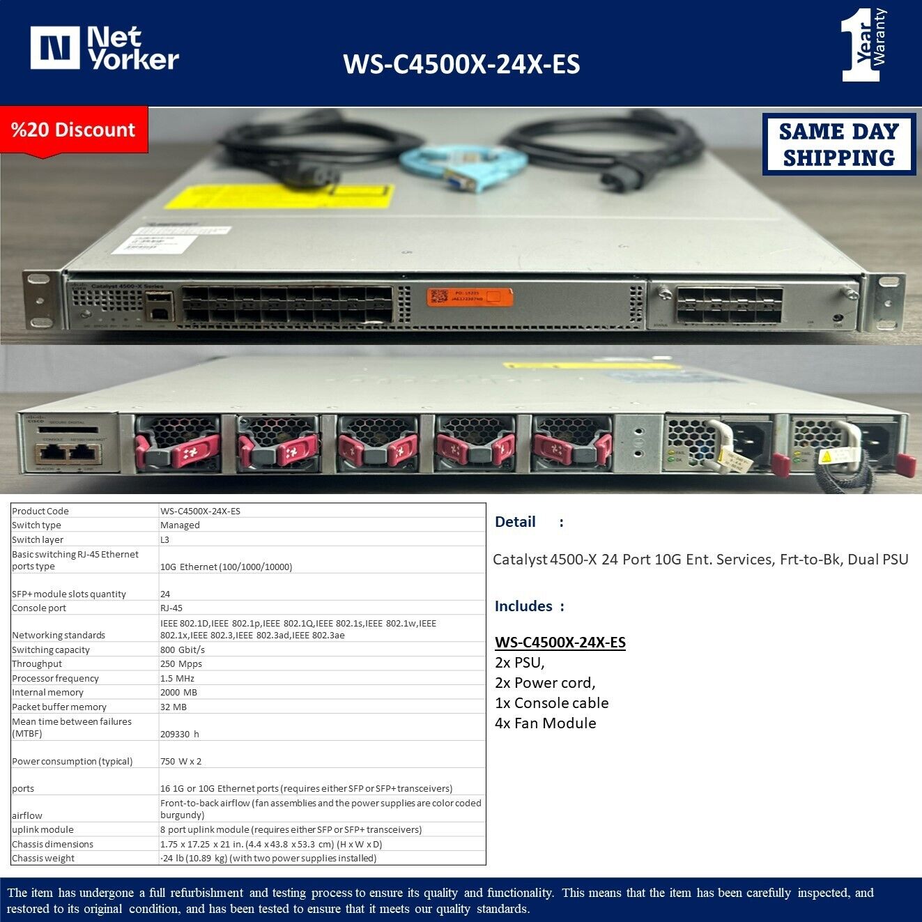 Cisco WS-C4500X-24X-ES Catalyst 4500-X Series Switch 24-Port SFP  Dual PSU
