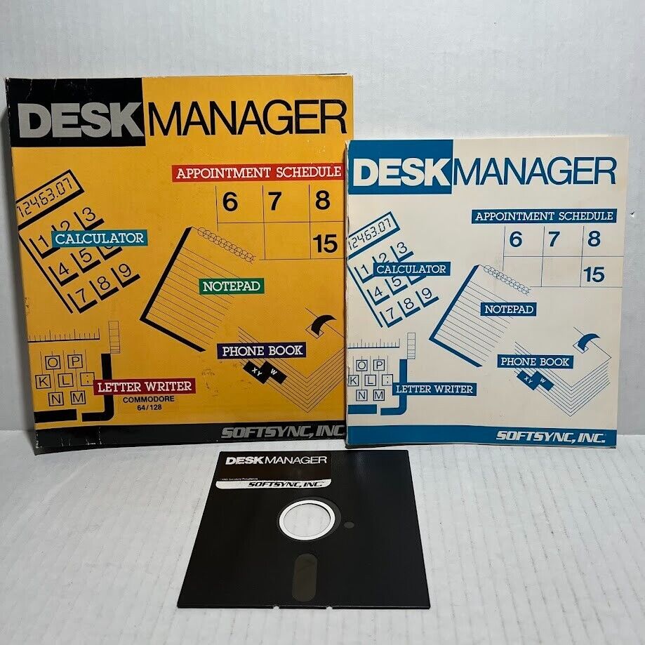 Commodore 64/128 SoftSync Desk Manager Disk Box Manual Complete CIB