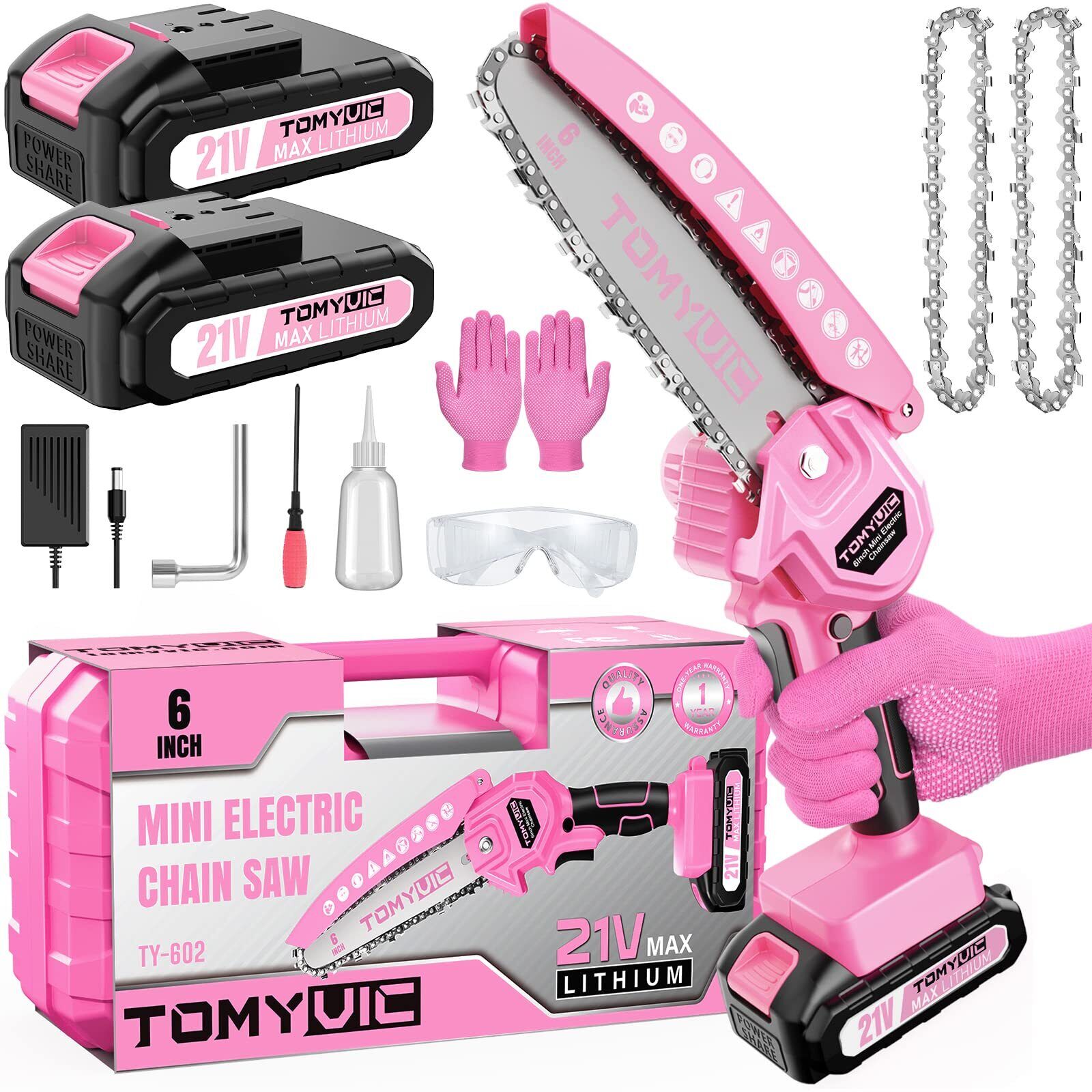 Mini Chainsaw 6-Inch Battery Powered - Pink Cordless Electric Handheld Chains...