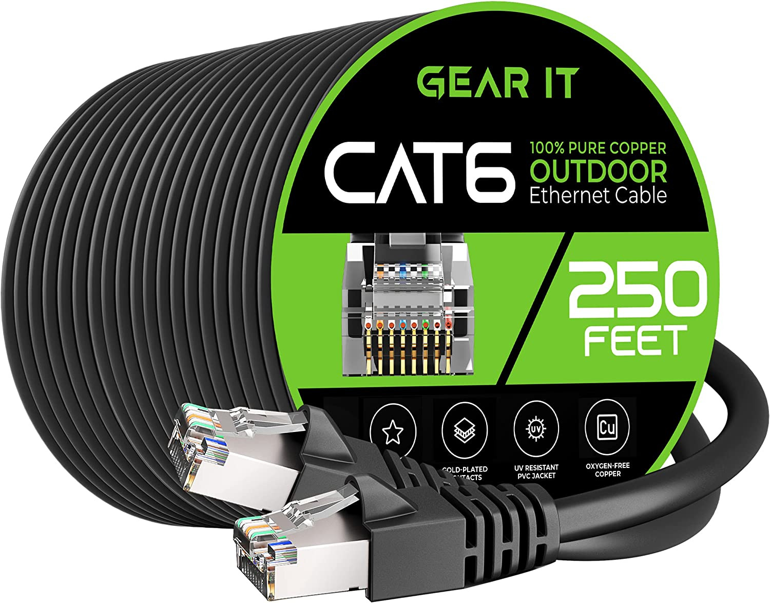 Gearit Cat6 Outdoor Ethernet Cable (250Ft) 23AWG Pure Copper, FTP, LLDPE, Waterp