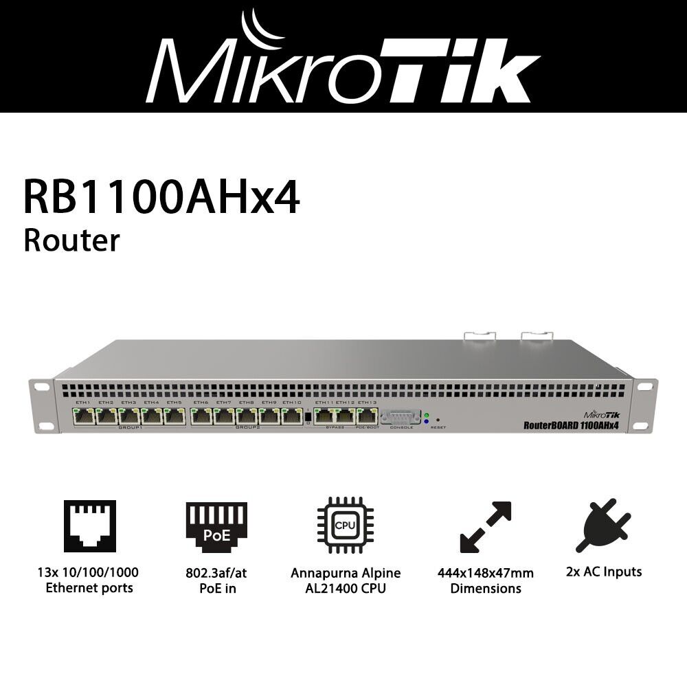 Mikrotik RB1100AHx4 Router 13 Gigabit Ethernet Ports 1 GB RAM 1U Rackmount Case
