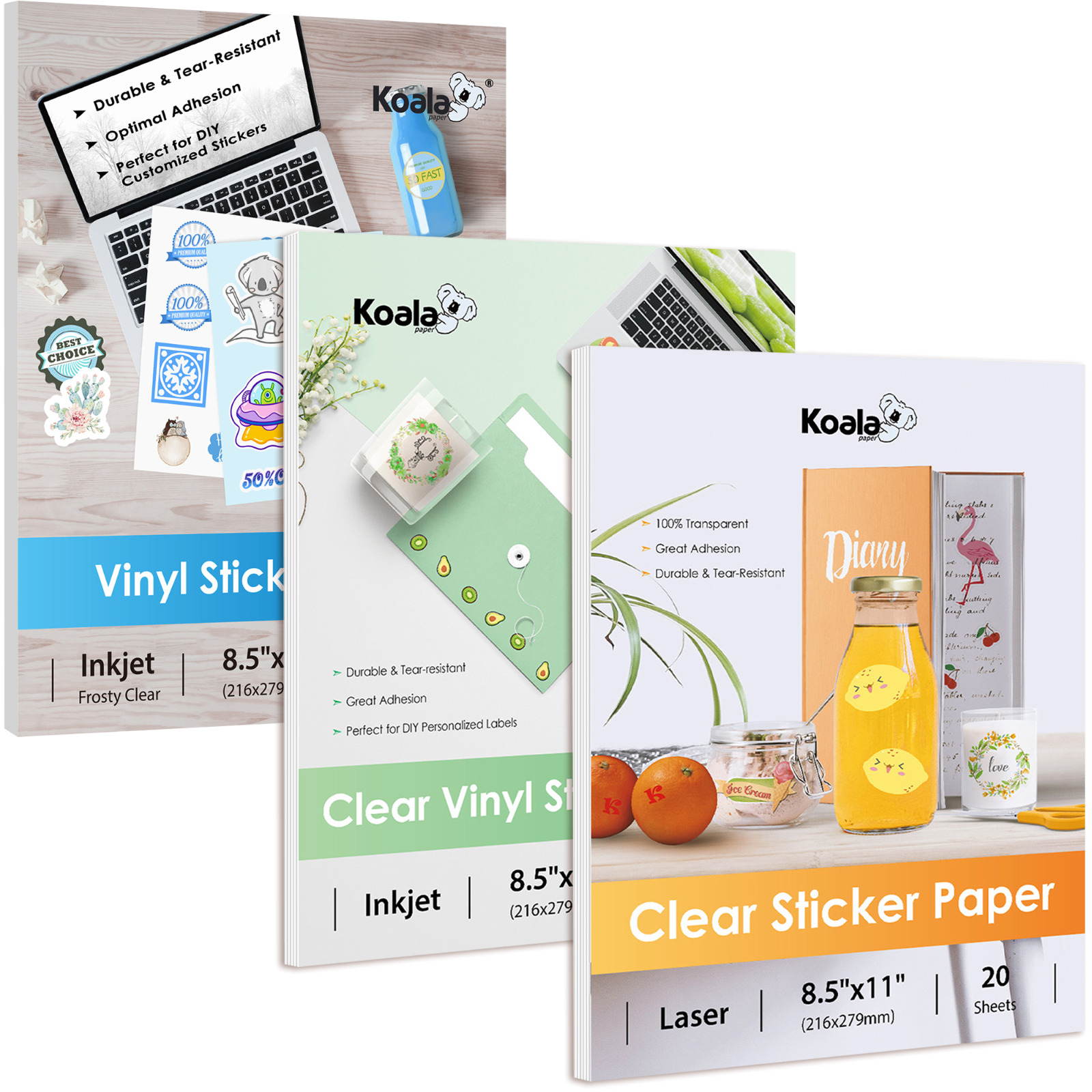 Lot Koala Clear Sticker Paper for Inkjet + Laser - Printable Vinyl Sticker Paper
