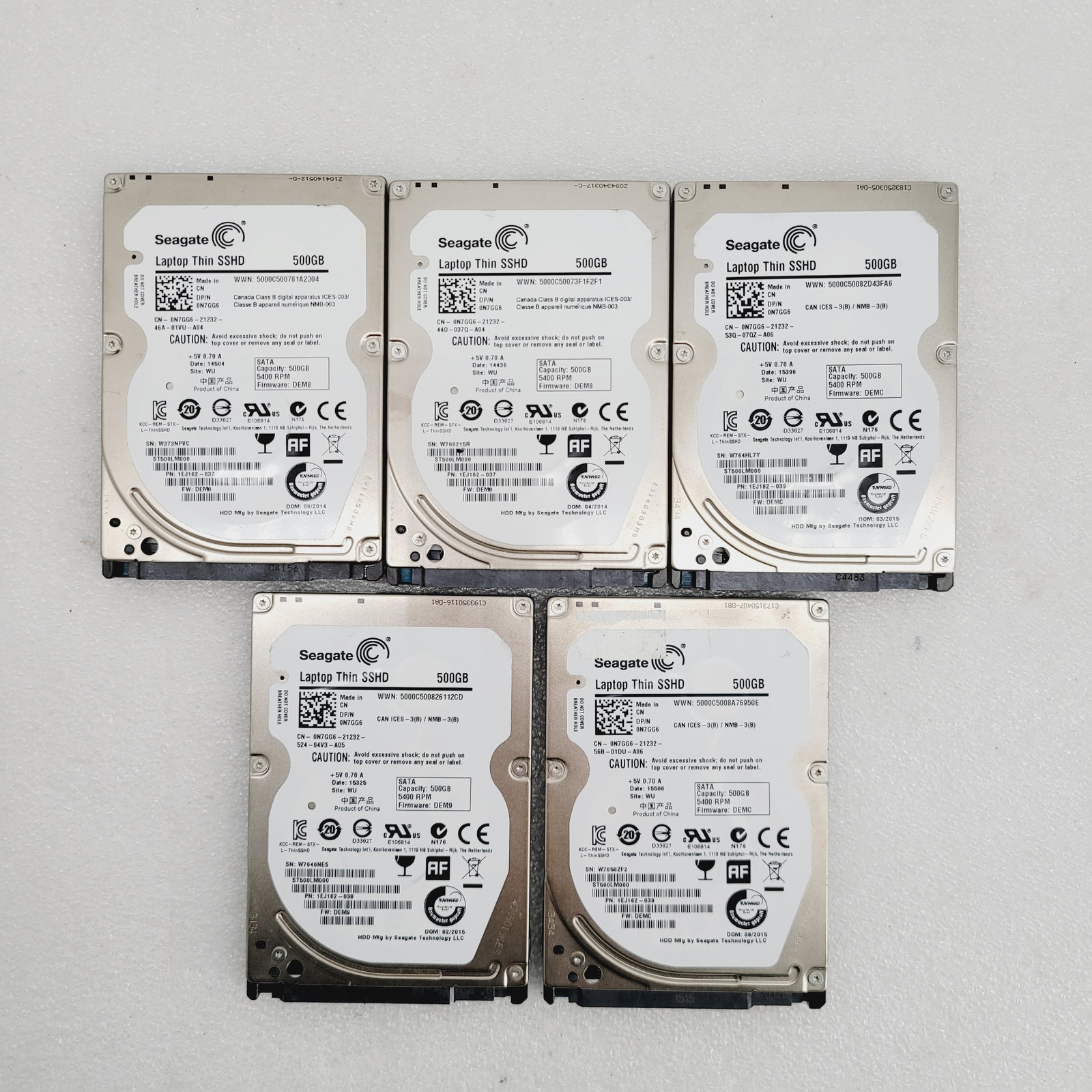 Lot of 5 HDD - 500GB Seagate Laptop Thin SSHD 5400RPM 0N7GG6 - ST500LM000
