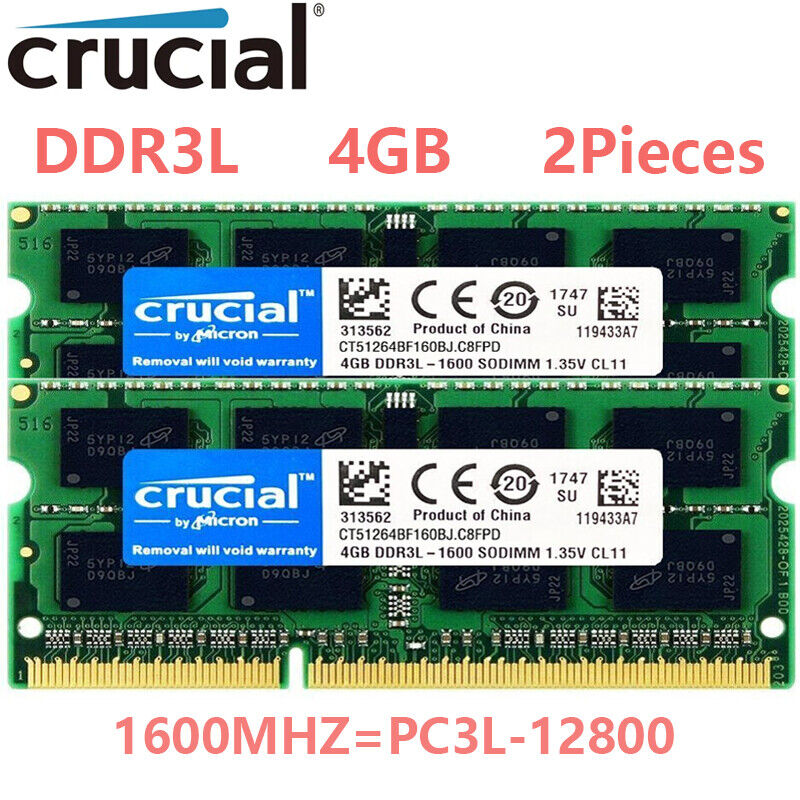 Crucial 8GB Kit 2 x 4GB DDR3L 1600MHz PC3L-12800 Laptop RAM Sodimm Memory 1.35V