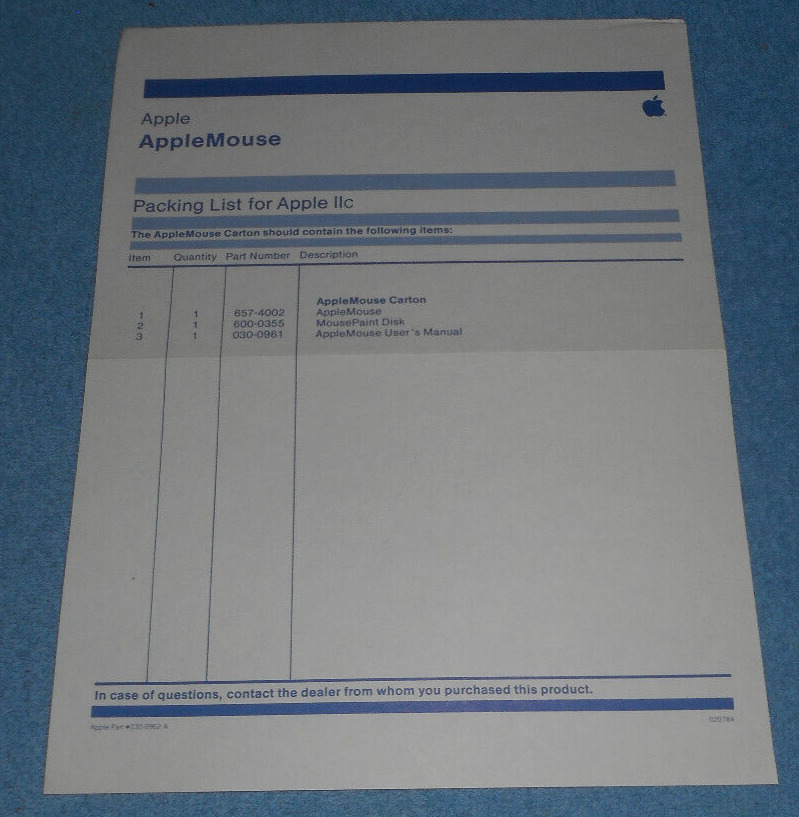 1980s Apple IIc Computer AppleMouse Product Carton Packing List