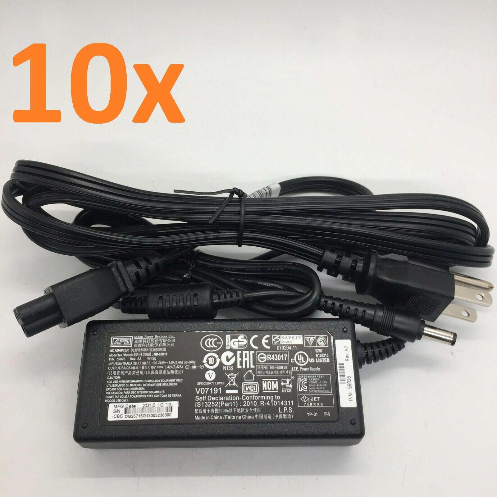 LOT of 10 - APD Adapter 65W 19V 3.42A NB-65B19 For Dell Wyse and Cisco 5.5mm