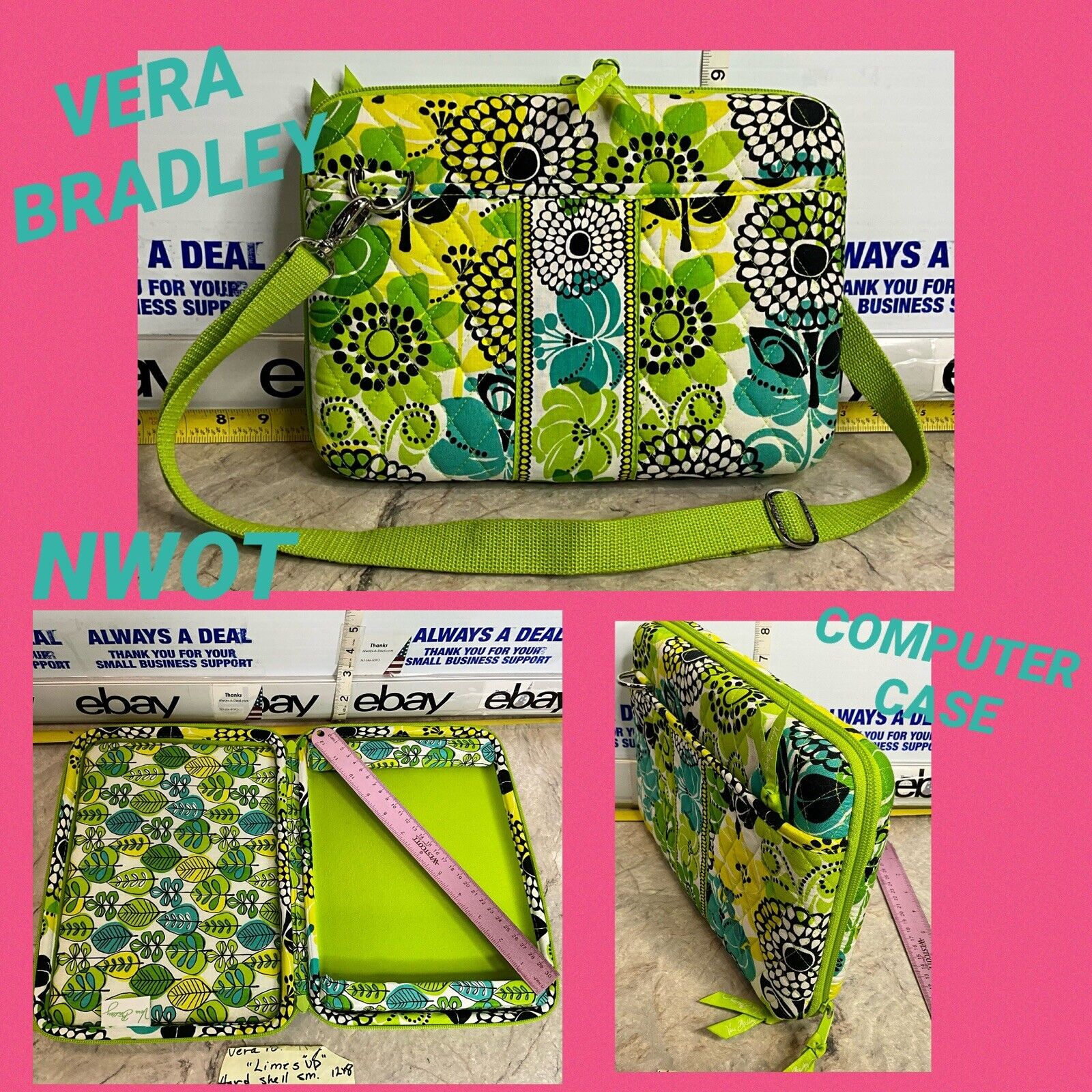 Vera Bradley Hard Shell Computer Zip Case Lime’s Up 12”x9” CROSS Shoulder Strap