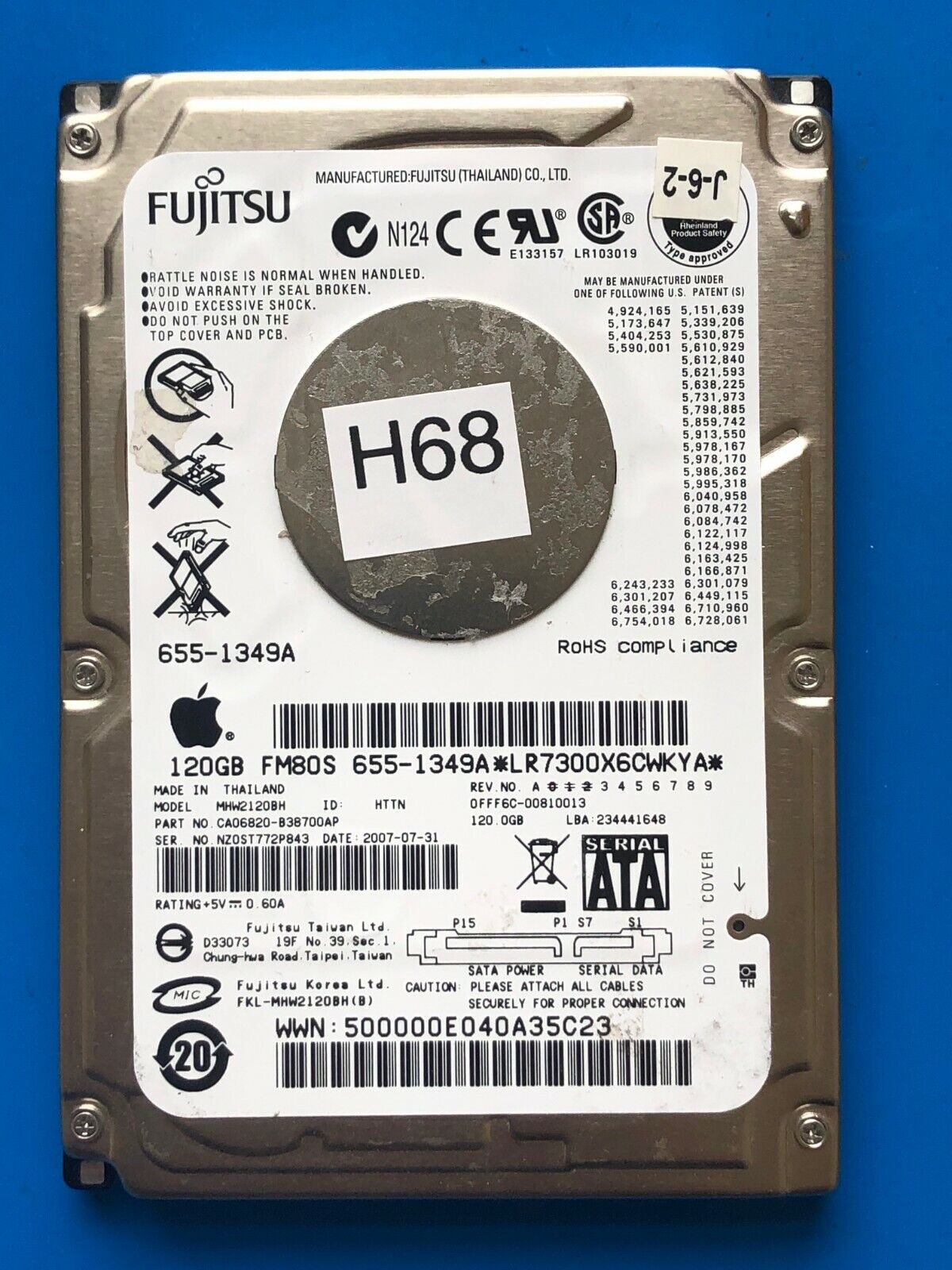 APPLE Fujitsu MHW2120BH, CA06820-B38700AP, 0FFF6C-00810013, 120GB SATA 2.5 HD