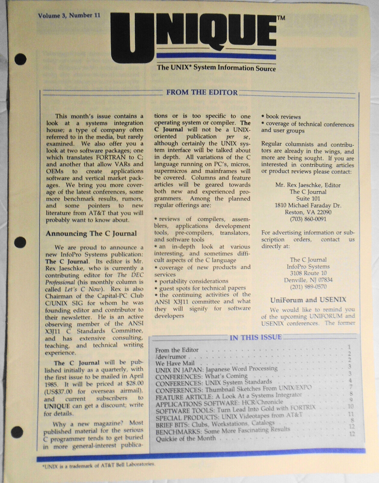 UNIQUE,  Vol. 3, No.  11, 1985 - The UNIX System Information Source