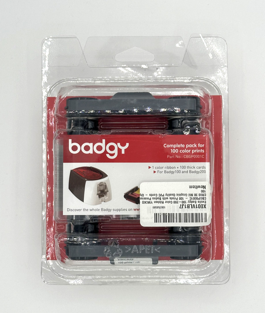 NEW Genuine Evolis Badgy100 / Badgy200 YMCKO Ribbon and PVC Card Set - CBGP0001C