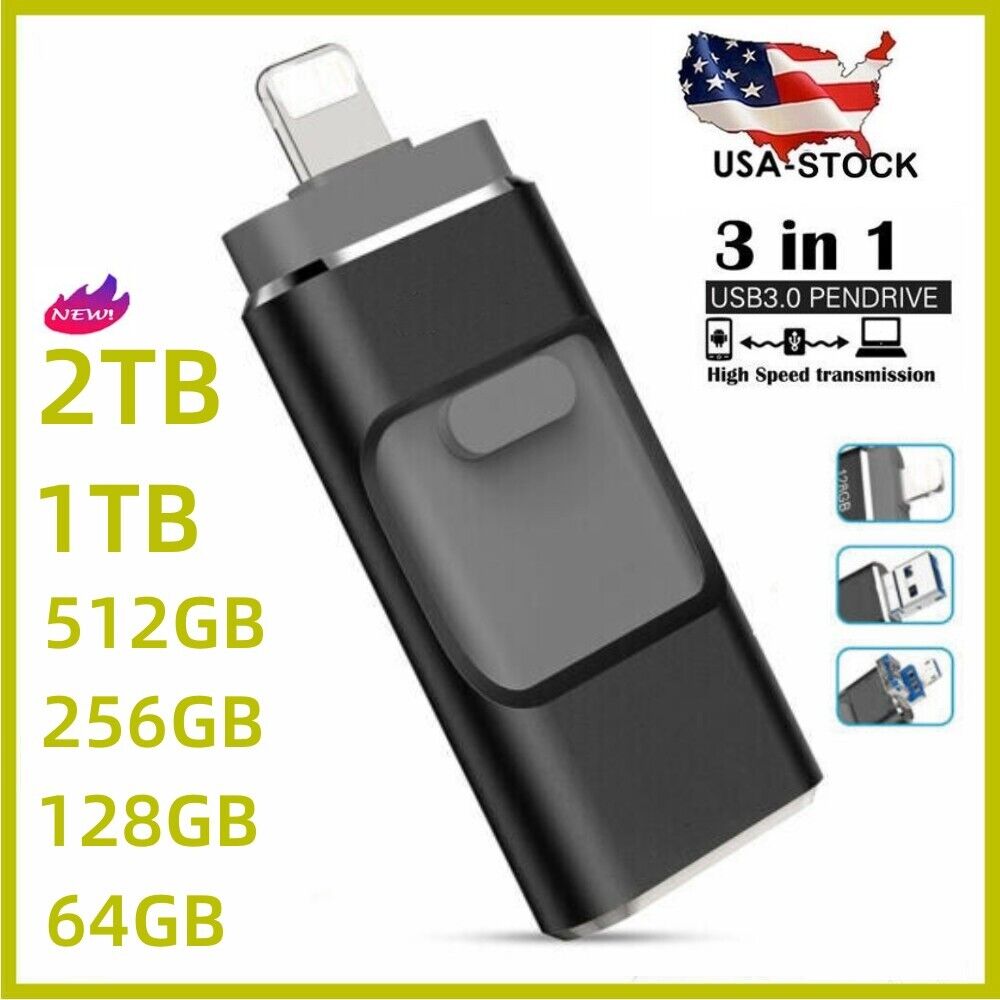2TB USB 3.0 Flash Drive Memory Photo Stick for iPhone Android iPad Type C 3 IN1