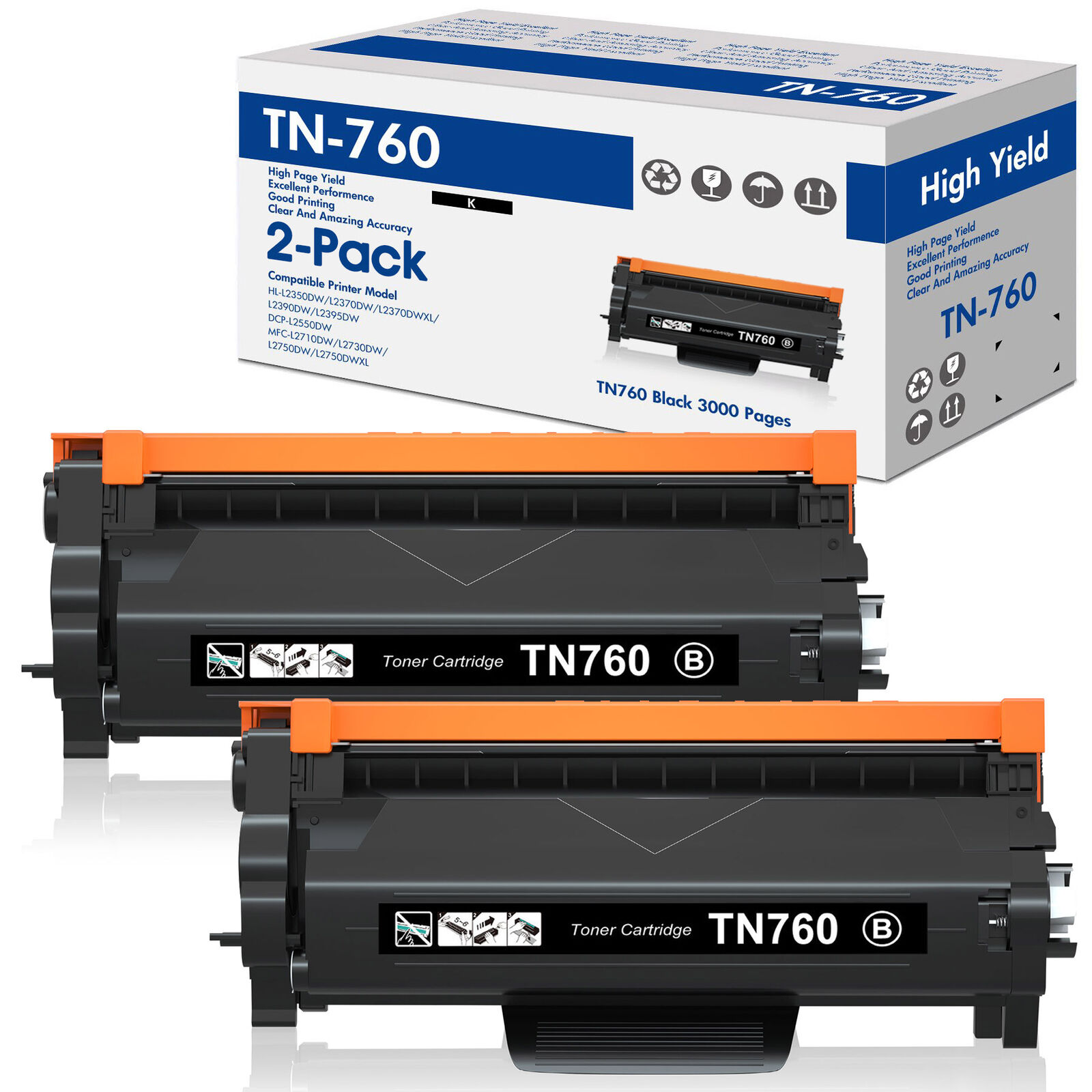 2 PK TN760 Toner Compatible With Brother TN730 MFC-L2710DW L2750DW DCP-L2550DW