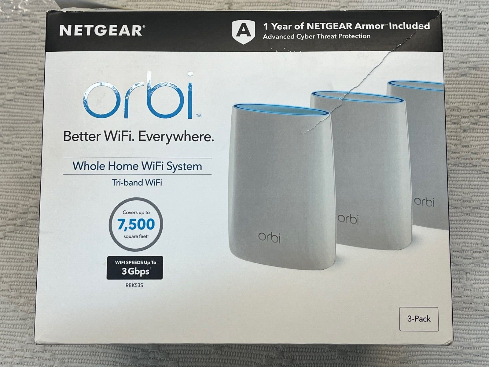 NETGEAR RBK53S-100NAS Orbi AC3000 Tri-band WiFi System - 3 Units (7500 sqft)
