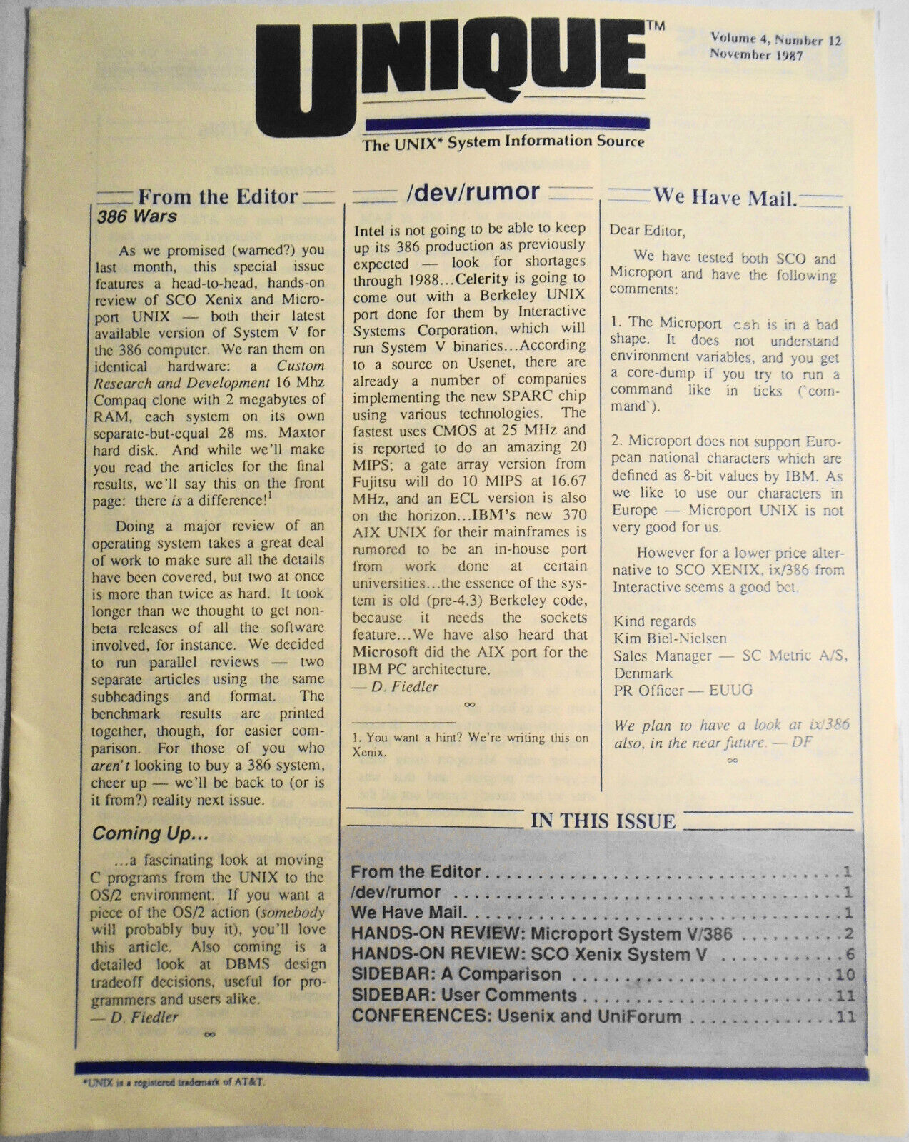 UNIQUE: The UNIX System Information Source  Nov. 1987 - 386 Wars; SCO, Microport