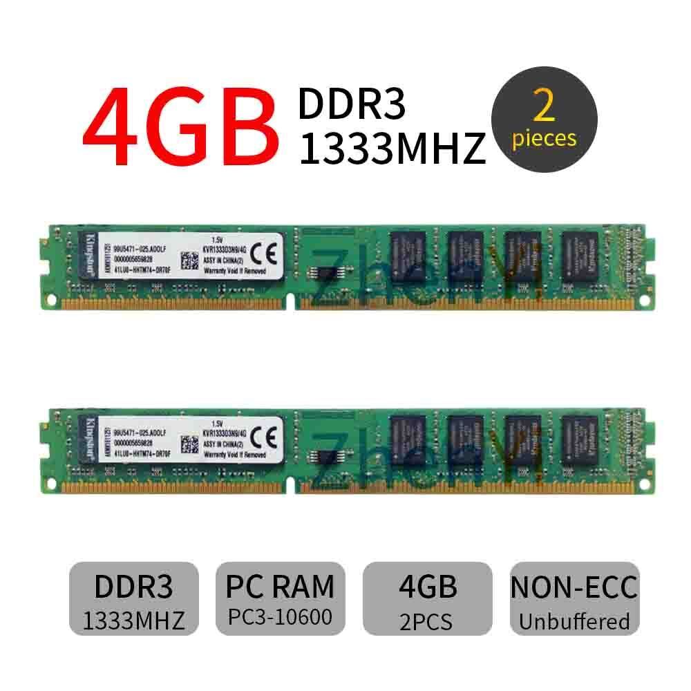 Kingston 8GB 2x4GB DDR3 1333MHz PC3-10600 KVR1333D3N9/4G Desktop Memory SDRAM BT