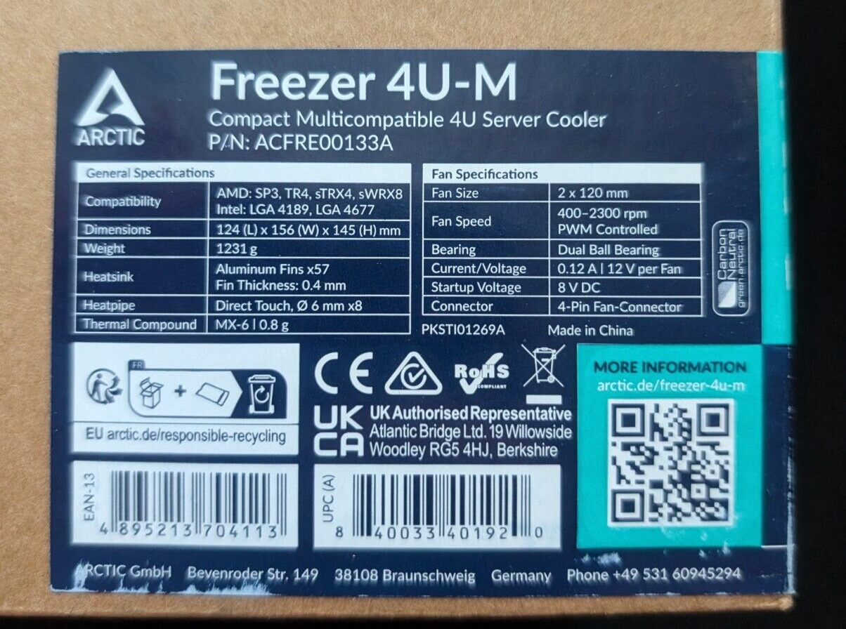 ARCTIC Freezer 4U-M AMD Ryzen TR4 sWRX8 Epyc Server CPU Cooler 2x120mm PWM Fans