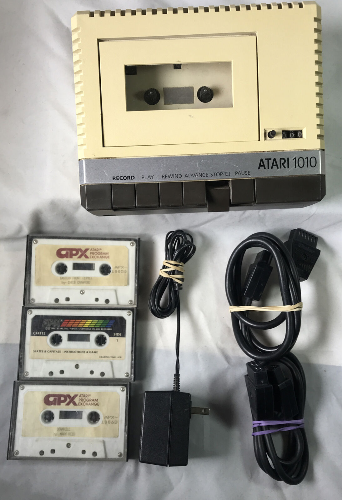 Atari 1010 Cassette Recorder w Power Supply, I/O Connectors & Cassettes