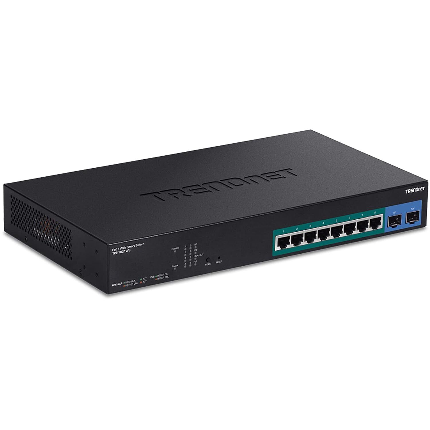 TRENDnet 10-Port Gigabit Web Smart PoE+ Switch with 8 Gigabit PoE+ Ports, 2 SF