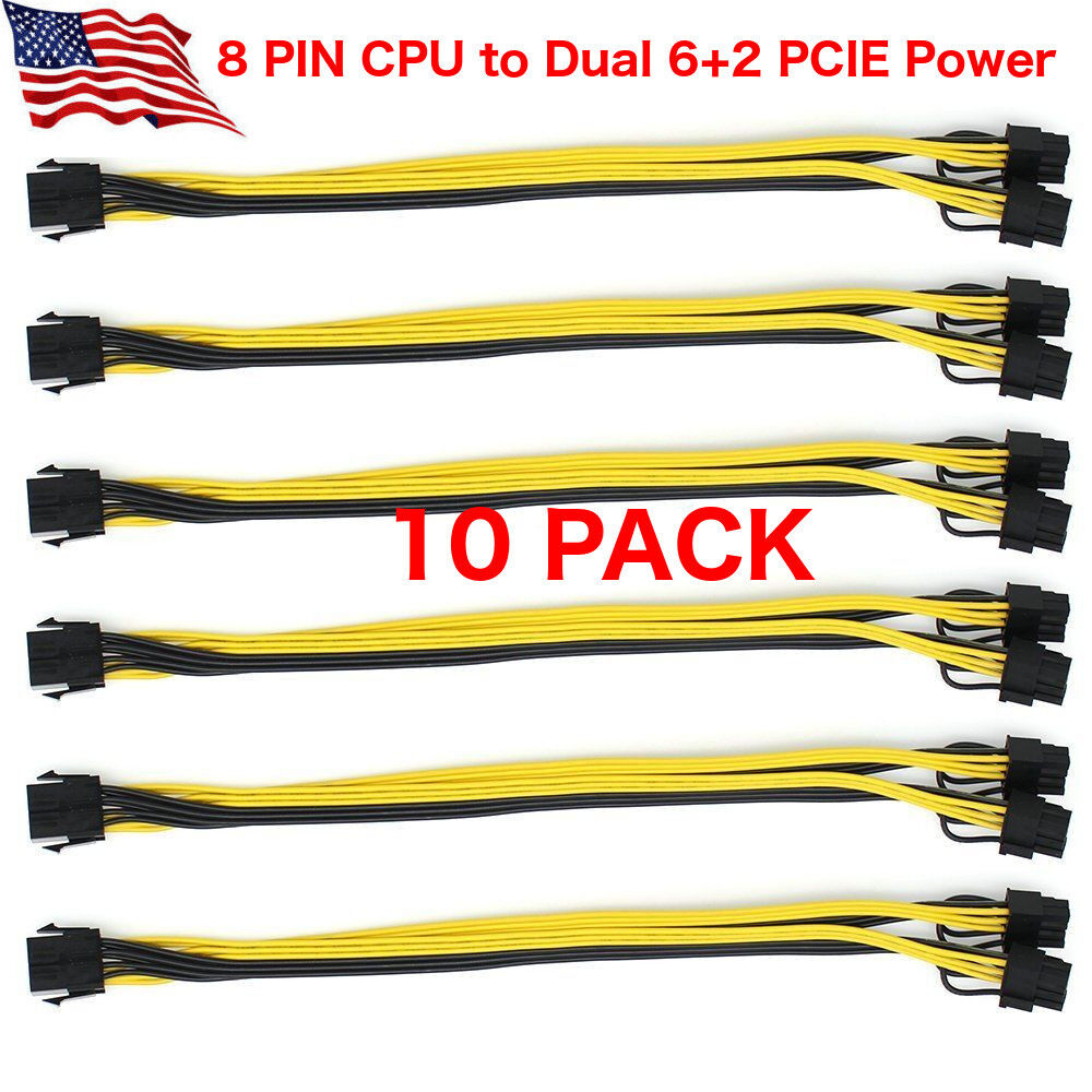 10 pack CPU EPS 12v 8 pin to Dual 6+2 pin PCI-E Power Cable Splitter GPU 18 AWG