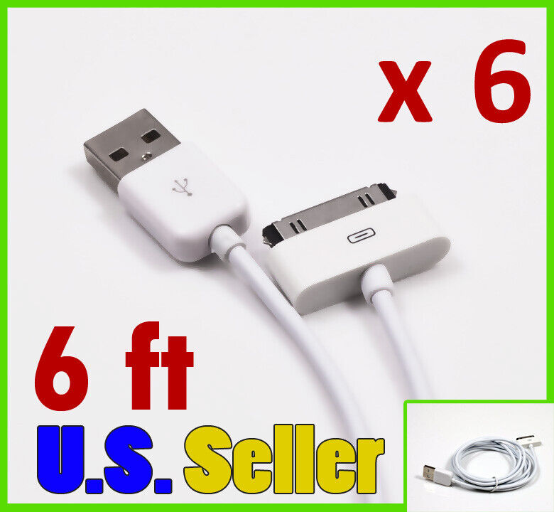 6X 6FT USB SYNC POWER CHARGER WHITE CABLE CONNECTOR IPHONE 4S 4 3GS 3G IPOD IPAD
