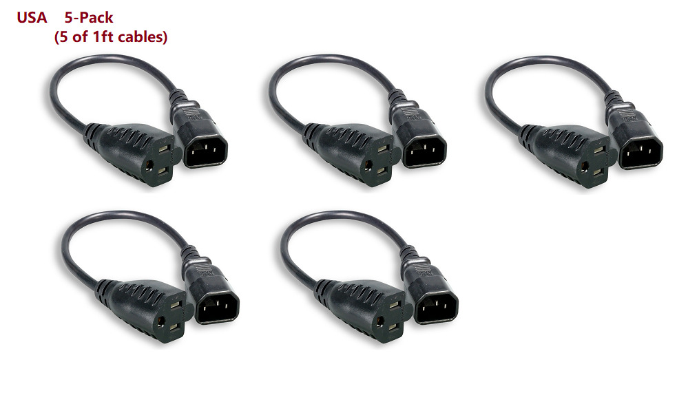 5x 1FT IEC320 C14 to NEMA 5-15R 125V AC 10A 10 Amp Monitor PC Power Cord Cable