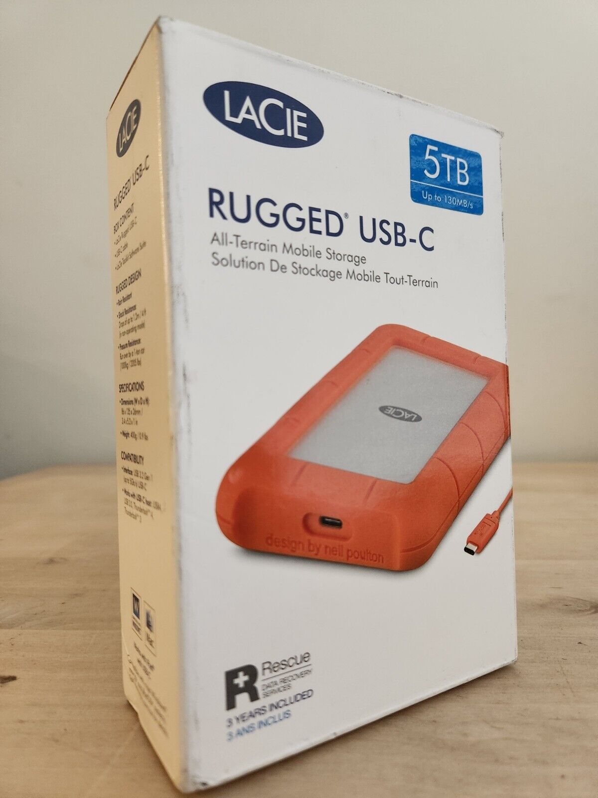 LaCie Rugged 5TB External USB-C 3.2 Portable Hard Drive (STFR5000800) - Sealed