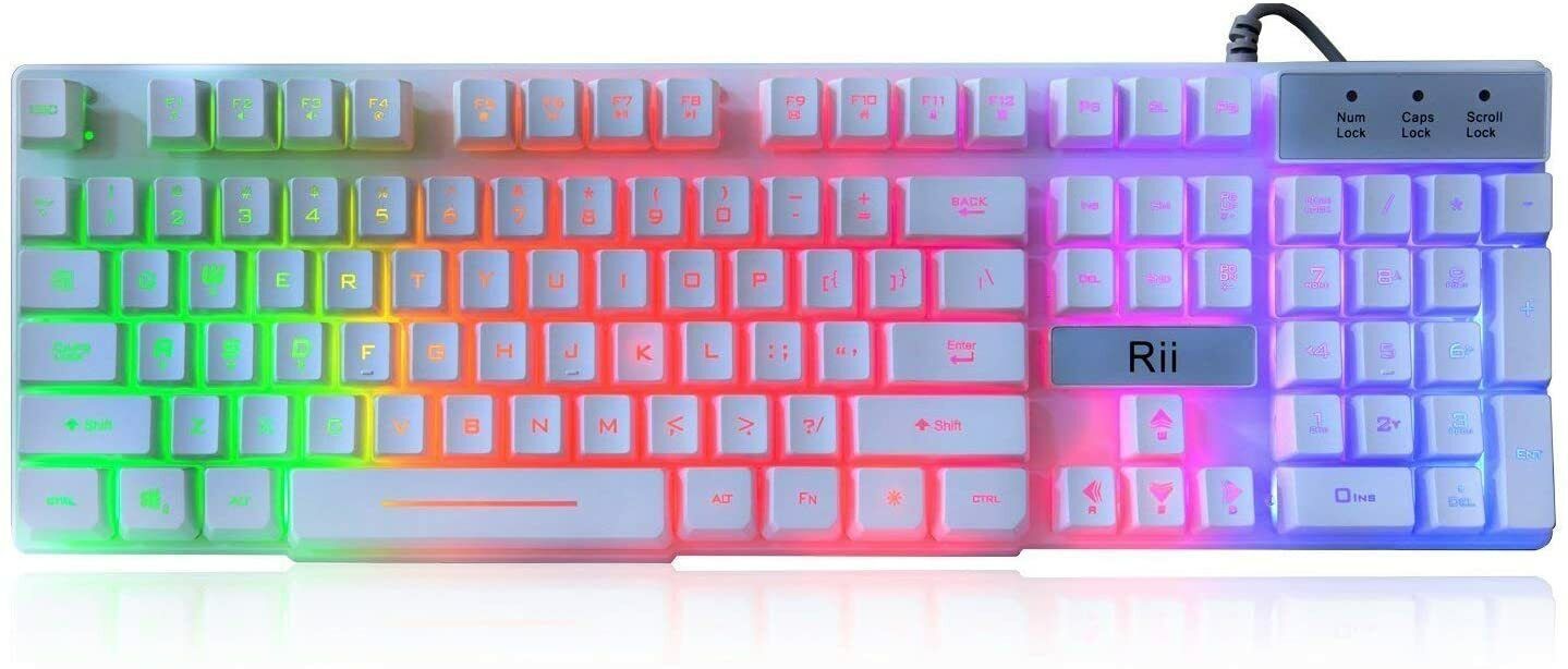 Rii RK100 + White Gaming Keyboard USB Wired Multiple Colors Rainbow LED Backlit.