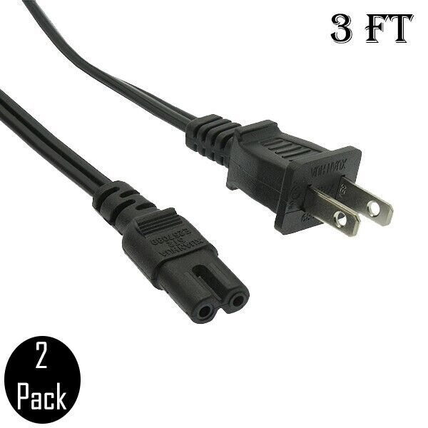 2 Pcs 3FT US 2 Prong Port AC Power Cord Cable Figure 8 Male Plug Slim 18/2 Gauge