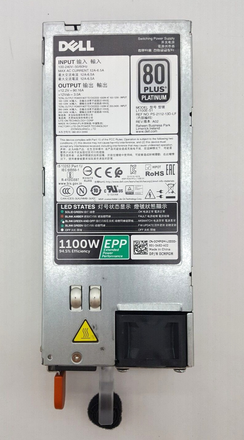 Dell L1100E-S1 1100w 80 Plus Platinum EPP Power Supply 0CMPGM R630 / R730 / R740