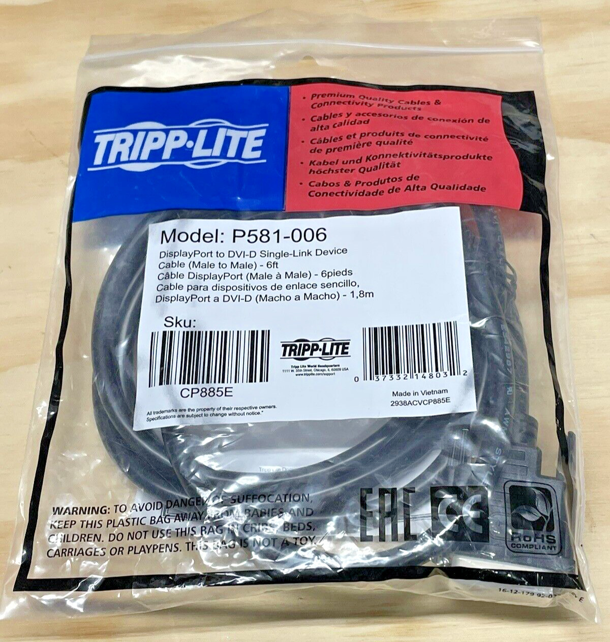 BRAND NEW Tripp Lite P581-006 6ft DVI Single link Male to DisplayPort Male Cable
