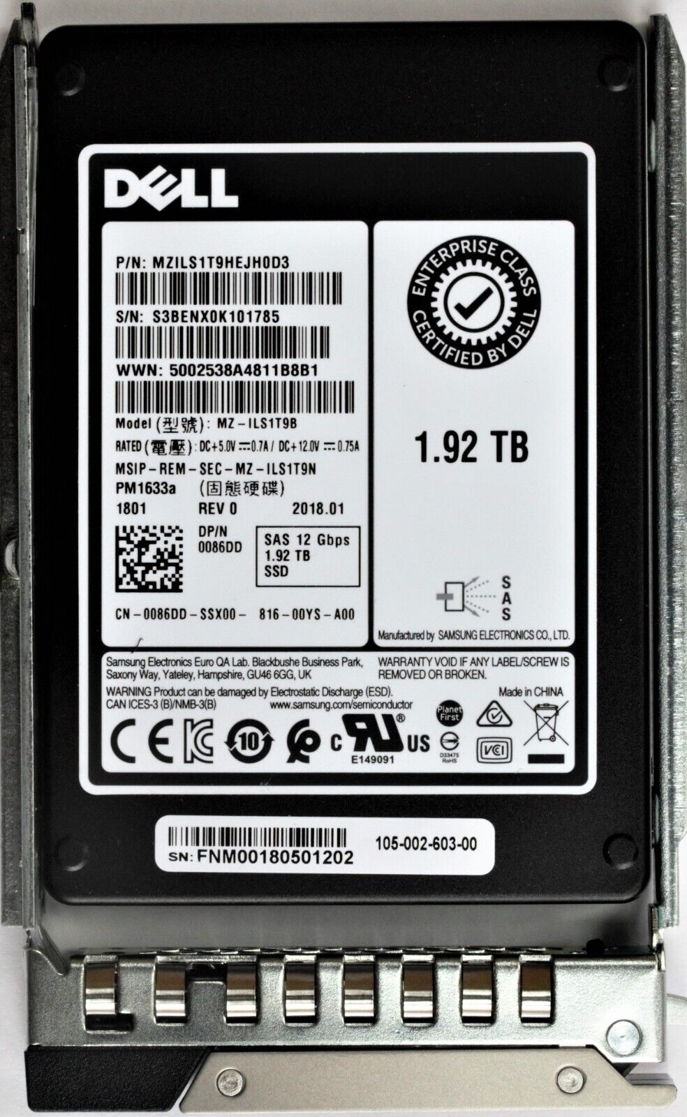 Lot of 25 Dell 14G 1.92TB 2.5-inch SAS 12Gbps RI SSD Samsung PM1633a 086DD