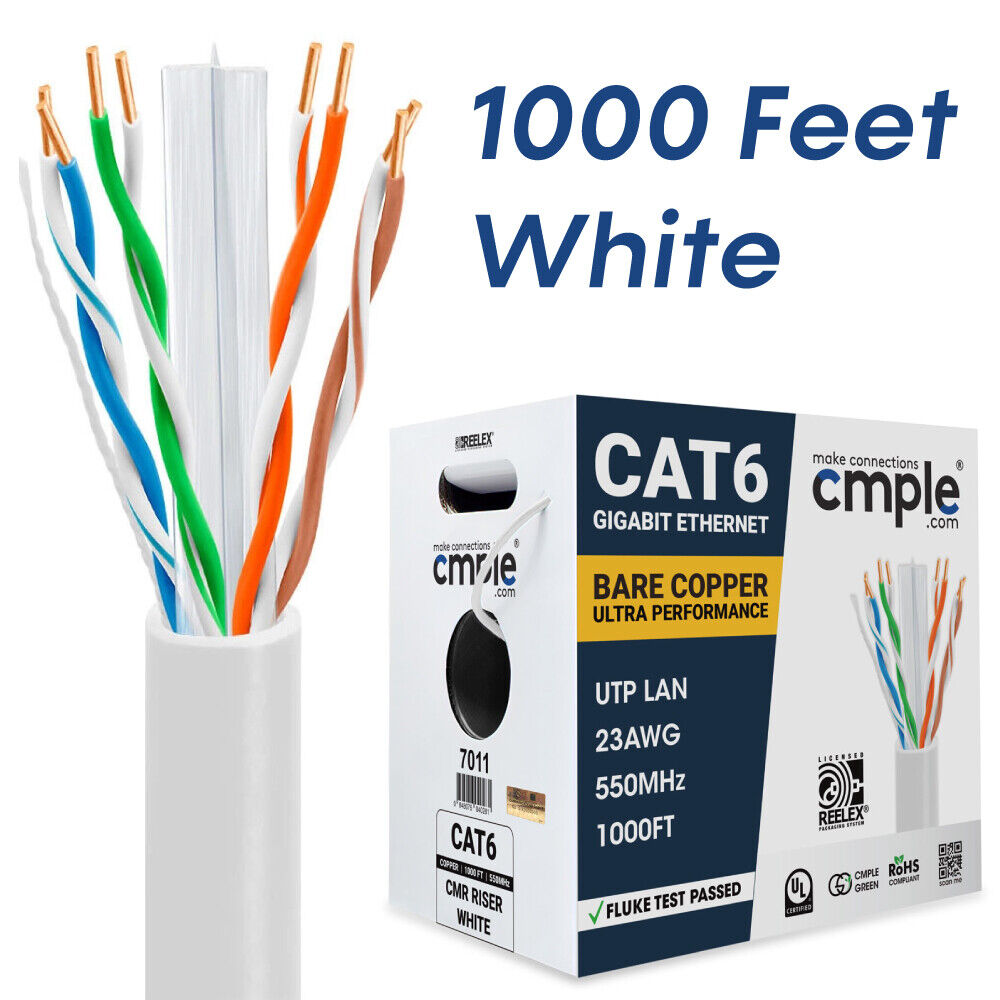 1000 FT Cat6 Cable CMR Riser 10 Gigabit Network Ethernet Cable Cat 6 Cord White