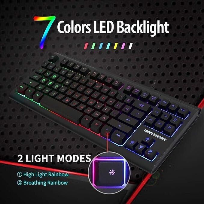 Rainbow LED Backlit 87 Keys Gaming Keyboard Compact Keyboard with 12 Multimed...