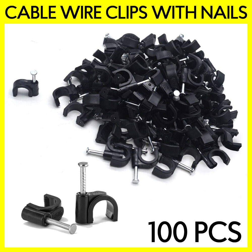 100 PCS 8mm Round Cable Clips with Nails Cord Holder Wall Mount Clip Tacks Black