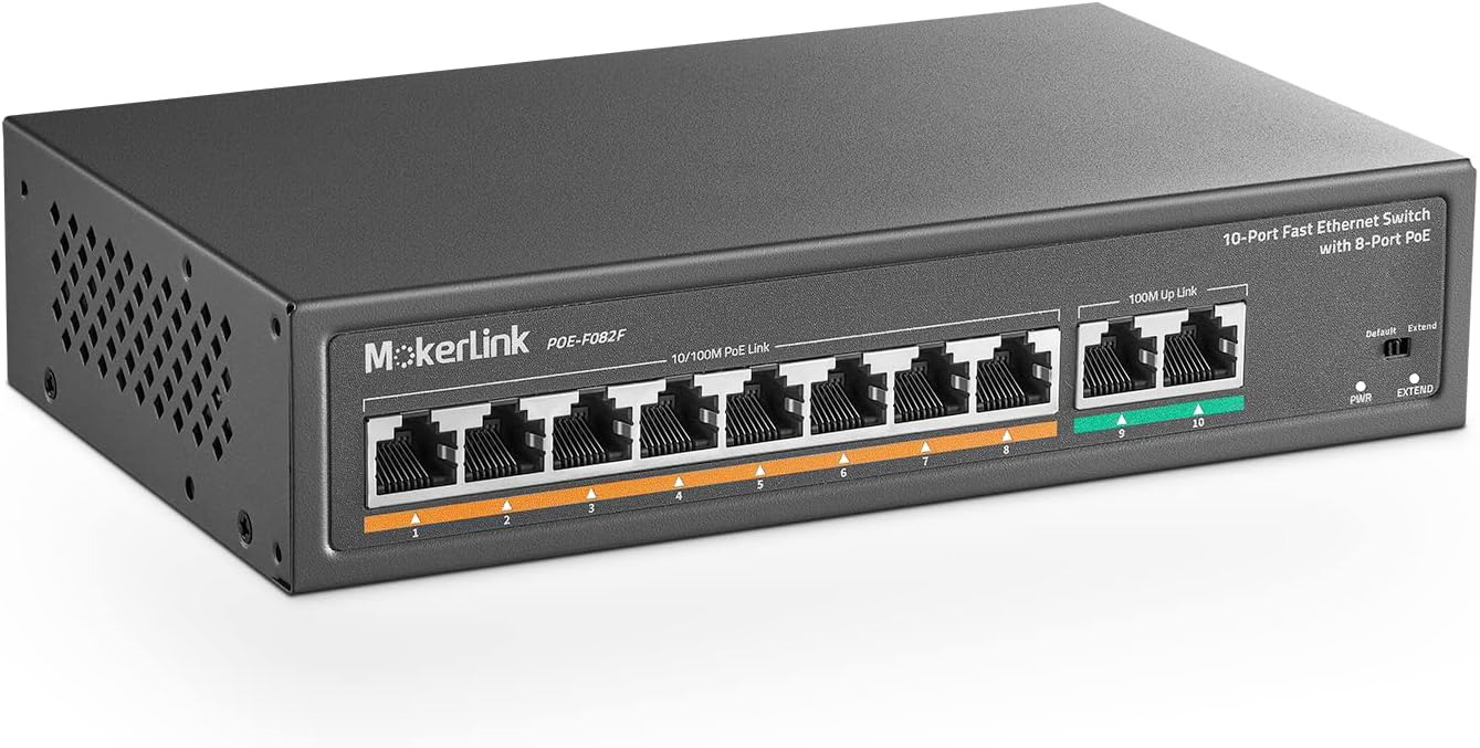 MokerLink 10 Port PoE Switch with 8 Port PoE+, 2 Fast Ethernet UpLink, 100Mbps,