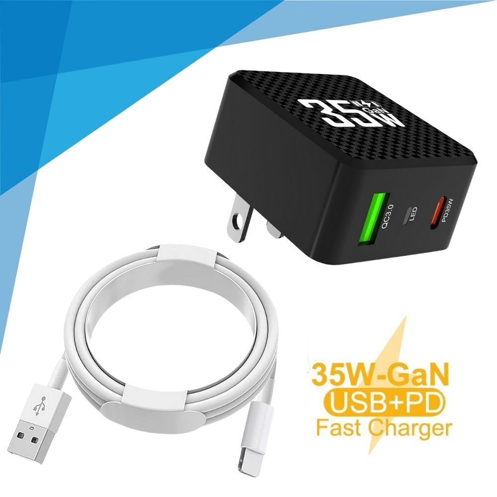 35W GaN Dual Port Fast Wall Charger PD QC Adapter + Cable For iPhone 8-14 Series